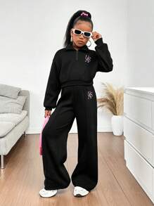 SHEIN Conjunto de sudadera con capucha con bordado de letras y pantalones casuales para niña preadolescente, 2 piezas - Negro - Ver 3