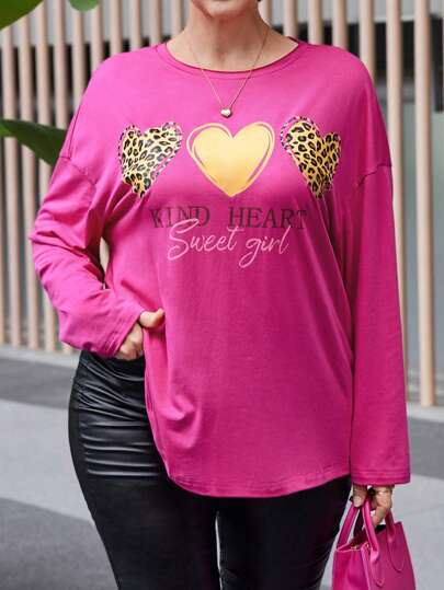 EMERY ROSE Camiseta casual de manga larga con cuello redondo y estampado de letra y leopardo para mujer de talla grande, ropa de mujer de otoño e invierno, ropa de otoño para talla grande