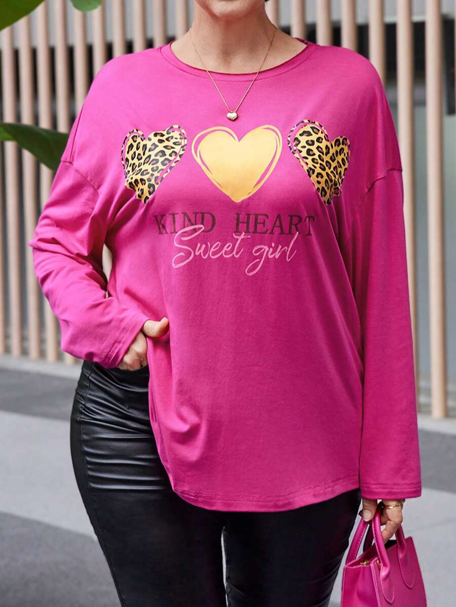 EMERY ROSE 大码女装秋季字母豹纹大码圆领长袖休闲T恤，秋冬女装，大码秋装