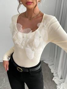 Chiquease 优雅女士小领3D立体花卉装饰长袖套头毛衣针织衫秋冬款 - 杏色 - 查看 3