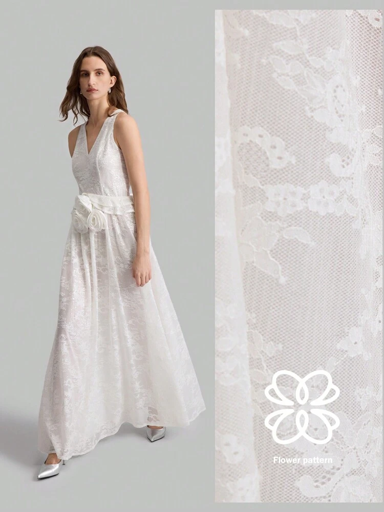 Women's Elegant White V-Neck Waist Gathering Sleeveless Dress With 3D Flower Decor, Suitable For All Seasons