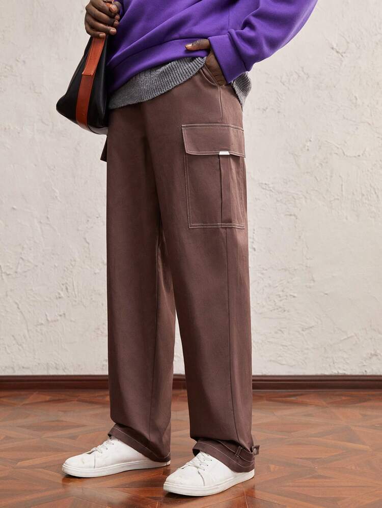 Men Loose Straight Leg Casual Pants, Mid-Rise, Suitable For Daily Wear