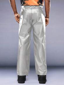 AXEPEAK Men's Casual Minimalist Metallic Woven Straight Leg Pants, Streetwear Style, Fall/Winter - Silver - View 2