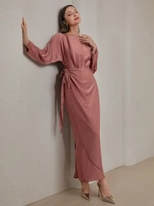 Veilorie فستان أكمام طويلة بخصر مربوط مموج لون سادة للنساء - وردي - مشاهدة 6