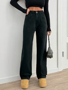 RueChic SOLID HIGH WAIST STRAIGHT DENIM JEANS - Black - View 2