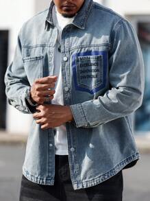 Manfinity Homme Plus Size Men's Casual Denim Shirt With Slogan Print, Long Sleeve Pocket Design, Autumn - Blue - View 4