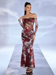 JIAN LASALA 女士红色长裙优雅，派对露肩长袖全印花，大理石褶饰，开叉大腿，露背夏季女士服装，女士夏季连衣裙，女士太阳裙，度假服装外出，婚礼宾客礼服女士 - 紅色 - 查看 2