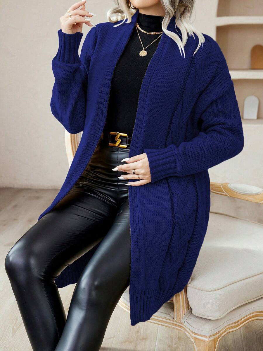 SHEIN LUNE 大码简约纯色休闲开衫，秋冬 - 藍色 - 查看 1
