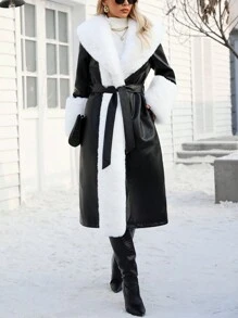 Almamuse Women Furry Patchwork Drawstring Front Long Casual Pu Leather Long Jacket Fall Winter Cloth For Women - Black and White - View 4