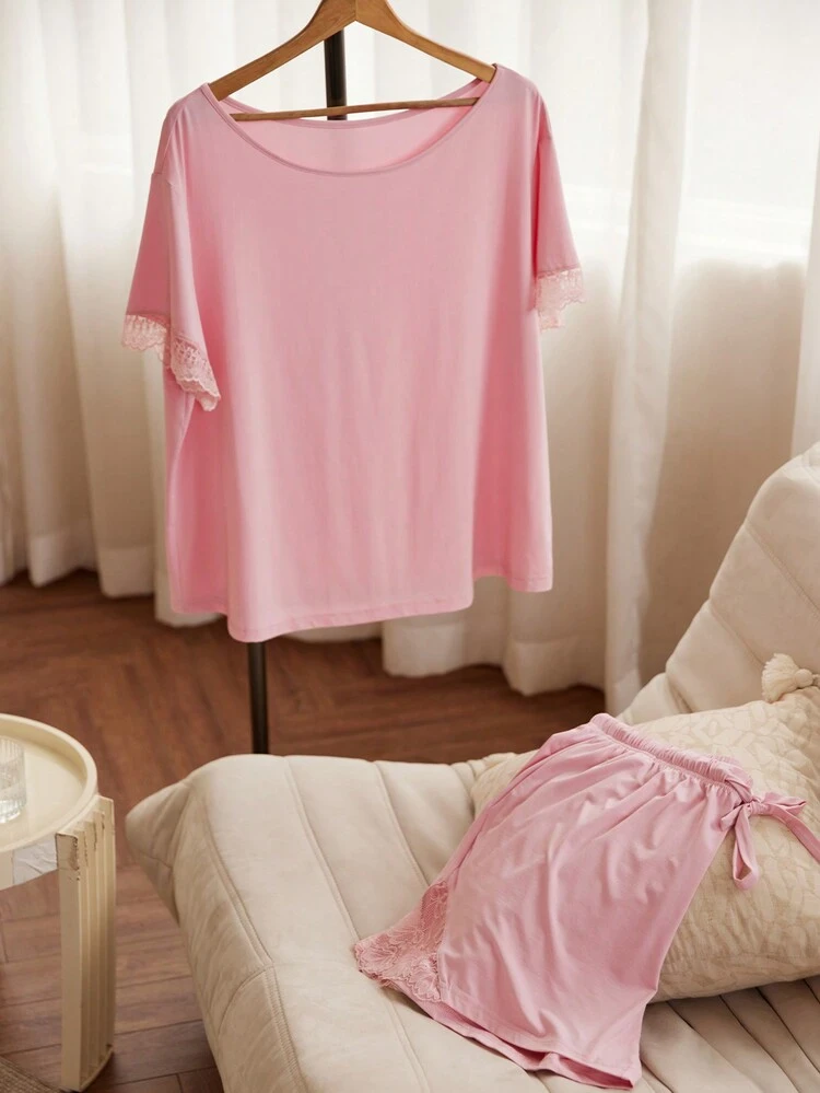 Conjunto de pijama corto rosa de TENCEL™ Modal súper suave para mujer talla grande, conjunto de lencería y pantalón corto para uso en el hogar