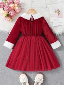 SHEIN Glamorique Kids Vestido rojo navideño para niña con cuello de felpa en contraste, malla en contraste, decoración de lazo, para invierno