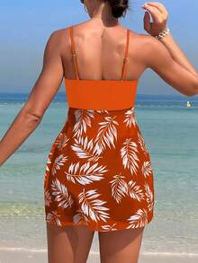 Swim Lushoire Summer Beach Floral Print Ruffle Spaghetti Strap Dress And Solid Color Boxer Shorts Set - Coffee Brown - View 2