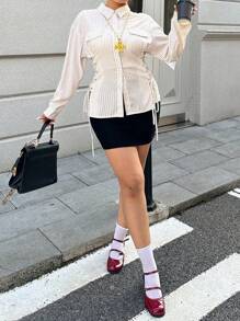 Flirla Plus Size Women Collared Slim Fit Button Down Long Sleeve Striped Cinched Waist Waist Bowknot Decorative Pockets Shirt Blouse, Autumn & Winter - White - View 6