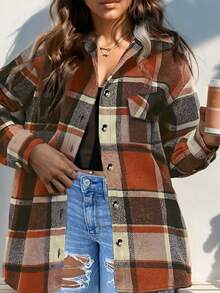 女士纽扣法兰绒衬衫长袖格子衬衫商务休闲衬衫上衣春秋季加厚中长款衬衫裙秋装 - 粉色 - 查看 5