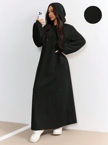 Mulvari Women Solid Color Hooded Casual Long Sleeve Sweatshirt Dress - Black - View 1