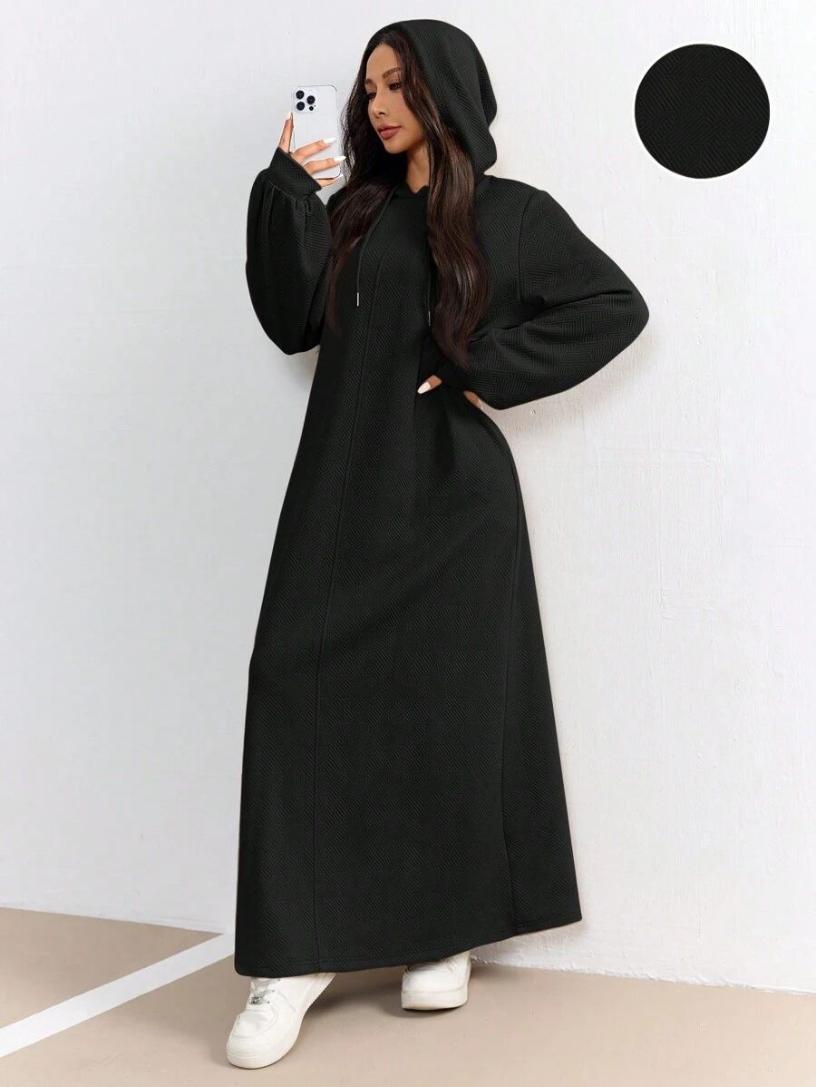 Mulvari Women Solid Color Hooded Casual Long Sleeve Sweatshirt Dress - Black - View 1