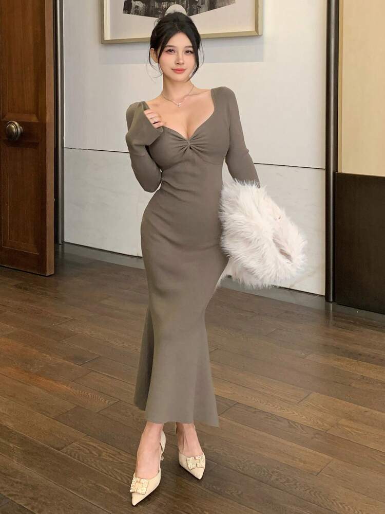 Slim Fit V-Neck Hollow Horse Hoof Sleeve Women Sweater Dress,Fall Clothes