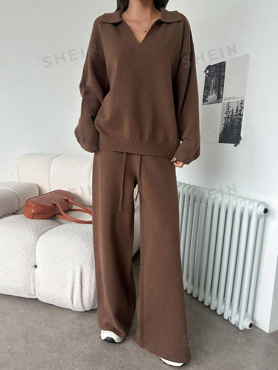 DAZY Set de 2 piezas: Jersey de unicolor y pantalones de pierna ancha para mujer