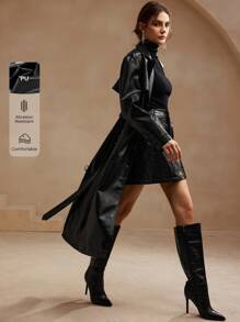 SHEIN X Lucía Bellido Anewsta 女士翻领魅力时尚长袖仿皮风衣 - 黑色 - 查看 7