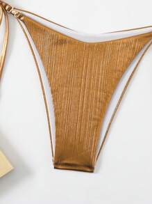 2pcs/Set Women Summer Metallic Triangle Bikini Top And Side Tie Bottoms Swimwear Set For Beach - Rust Brown - View 5