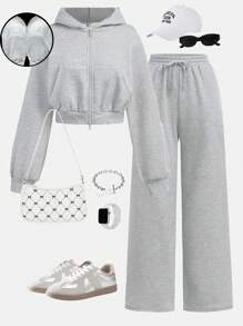 SHEIN Girlism Teen Girl Gray Hooded Two-Piece Set, Double-Zipper Jacket With Straight-Leg Loose Pants, Collegiate Style Set, Suitable For Back To School, Street Wear