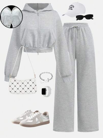 SHEIN Girlism Set di due pezzi con cappuccio grigio per adolescenti, giacca con doppia zip e pantaloni larghi a gamba dritta, stile universitario, adatto per il ritorno a scuola, streetwear