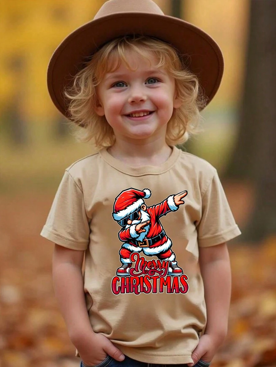 圣诞节年轻男孩休闲时尚卡通圣诞老人造型图形字母印花短袖T恤衣服，适合圣诞派对 - 卡其色 - 查看 1