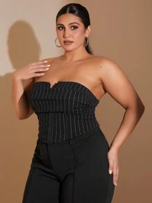 SHEIN BAE Plus Size Curve Elegant Black And White Striped Corset Tops, Summer Open Back Tanktop For Night ,Casual Commuting Crop Fall Clothes - Black - View 6