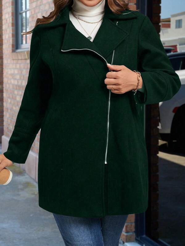 Plus Size Women's Solid Color Zipper Front Long Sleeve Casual Loose Jacket, Autumn/Winter