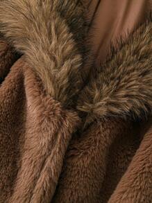 SHEIN Clasi 大码毛绒领纯色保暖长袖外套，冬季 - 棕色 - 查看 3