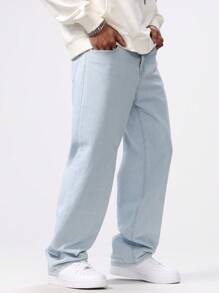 Manfinity Hypemode Pantalones vaqueros casuales de estilo simple con botones delanteros y bolsillos para hombres de talla grande, pantalones vaqueros tipo cargo lavados sencillos y holgados de color azul claro, ideal como regalo para el esposo o novio