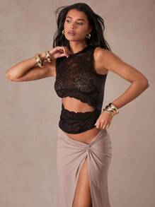 Hauture Women's Black Lace Asymmetric Cut Out Party Top