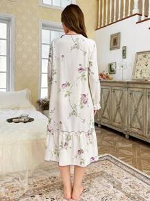 Women's Bow Decor Romantic Ruffle Trim Square Neck Floral Print Nightgown