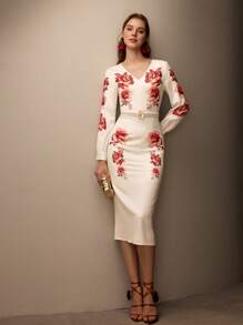MOTF Vestido midi de corte slim con estampado floral, cuello en V y detalles de rhinestones, sin cinturón - Multicolor - Ver 6
