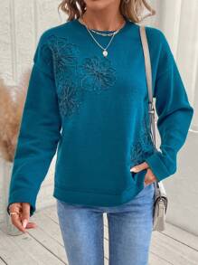 EMERY ROSE 女士花卉图案圆领落肩长袖休闲毛衣，秋冬 - 水鴨藍 - 查看 3