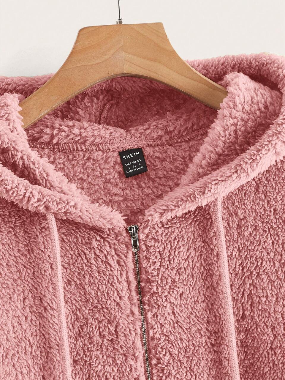 Zip Up Drop Shoulder Drawstring Hooded Teddy Jacket In Fall/Winter,Casual