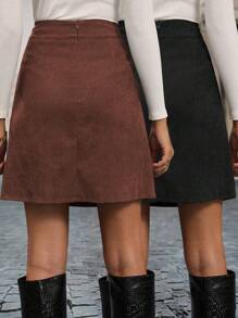 SHEIN Clasi Casual Plain Color Split Skirt, Autumn/Winter - Multicolor - View 2