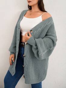 EURMUSE Plus Size Solid Color Front-Button Long Sleeve Casual Top, For Winter - Grey - View 1