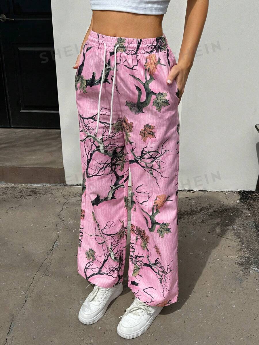 INAWLY Pantalones rectos de mujer informales con estampado de hojas rosadas