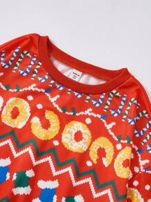 Teen Girls Casual Christmas Pattern Drop Shoulder Oversized Sweatshirt - Red - View 5