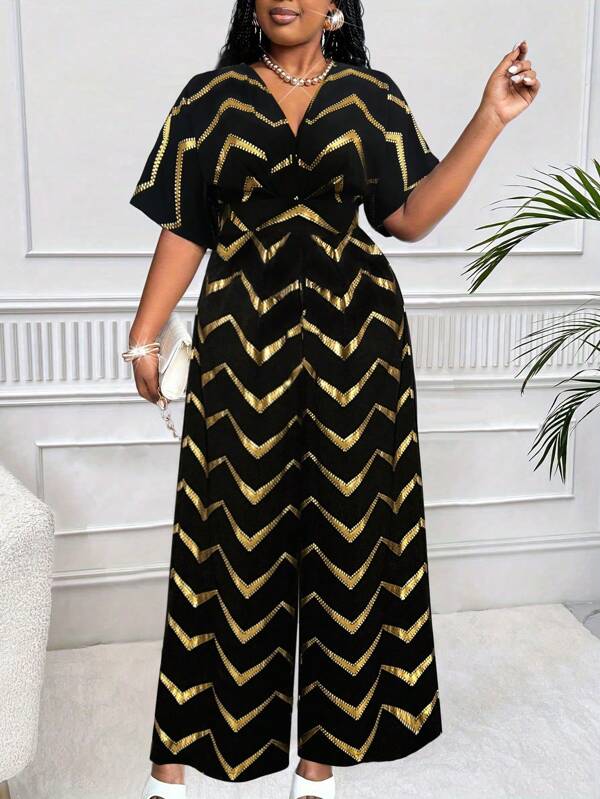 Maweii Plus Size Women Elegant Black Gold Color Contrast Print Surplice Neck Short Sleeve Wide Leg Jumpsuit, For Summer