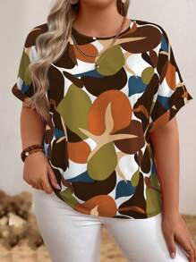 EMERY ROSE Plus Size Round Neck Floral Print Batwing Sleeve Summer Shirt - Maroon - View 1