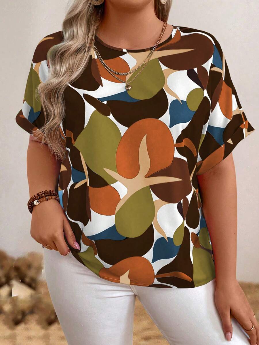 EMERY ROSE Plus Size Round Neck Floral Print Batwing Sleeve Summer Shirt - Maroon - View 1