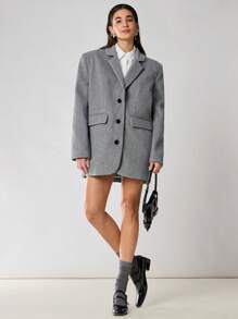 Enchnt 1 件女式纯色翻领长袖单排扣休闲羊毛大衣，秋冬 - 灰色 - 查看 14