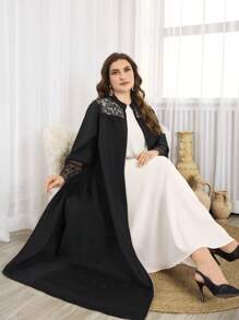 Al Najma Váy dài tay phong cách Ả Rập, hở phía trước bằng ren phối ren cỡ lớn cho nữ, váy Abaya Ả Rập thanh lịch, giản dị, mặc hàng ngày/tiệc tùng - màu đen - Xem 4