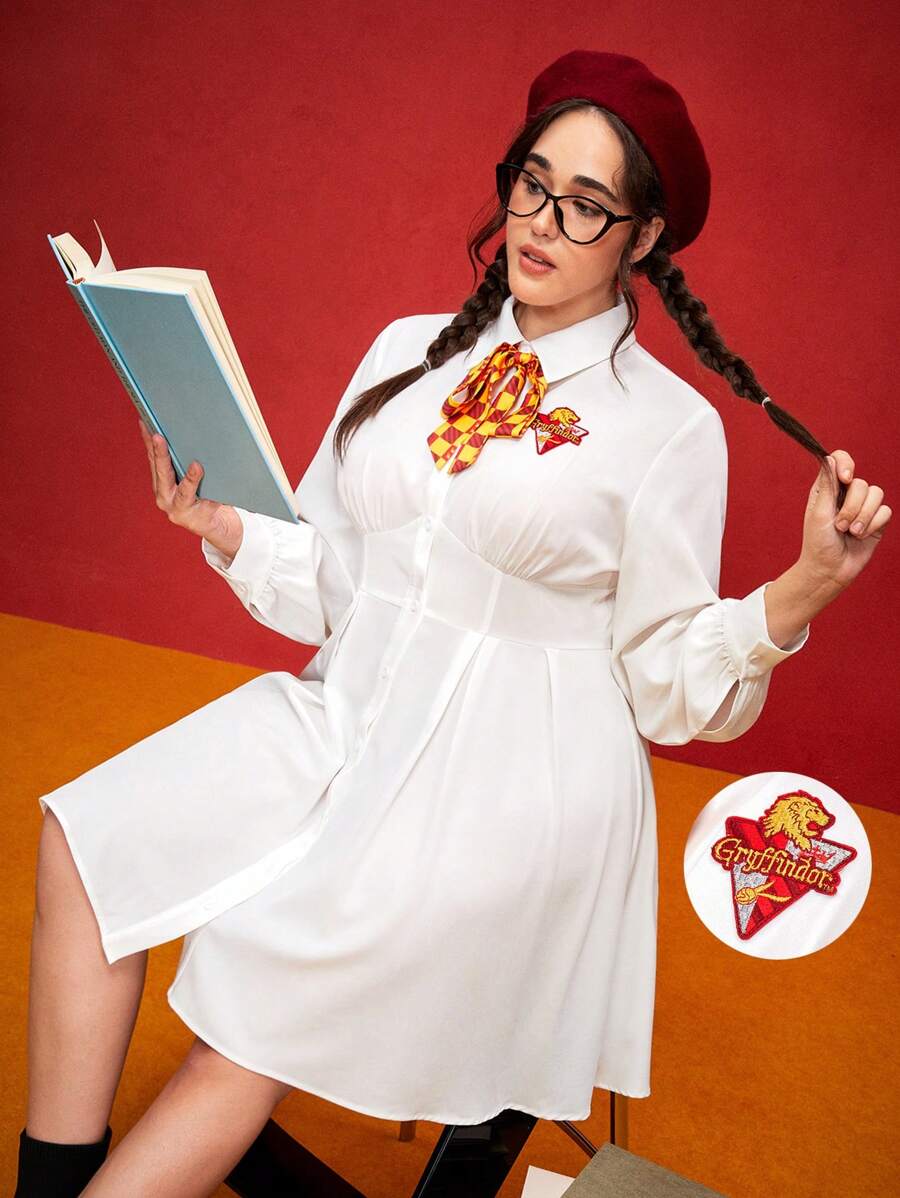 HARRY POTTER X SHEIN Plus Size Winter Fall Sports Street Wear Vintage Style School Gryffindor Embroidered Badge Long Sleeve Dress - White - View 1