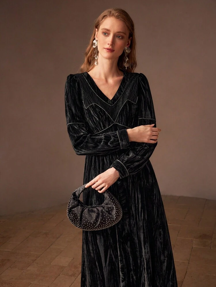 VELVET V-NECK PUFF SLEEVE CONTRAST PIPING LONG DRESS FOR HOLIDAY, PARTY CLOTHES, WOMEN OUTFIT