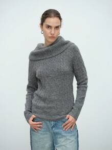 Aalyst 女士不对称高领休闲百搭长袖羊毛毛衣