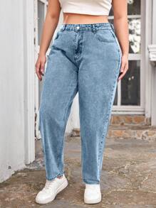 EURMUSE 100%Cotton Plus High Waist Mom Fit Jeans - Light Wash - View 5