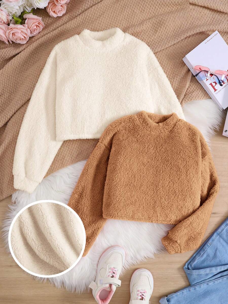 Tween Girl Solid Drop Shoulder Pullover Sweatshirt 2 Pieces/Set For Daily Wear Chic Outfits For Autumn/Winter - Khaki - View 1